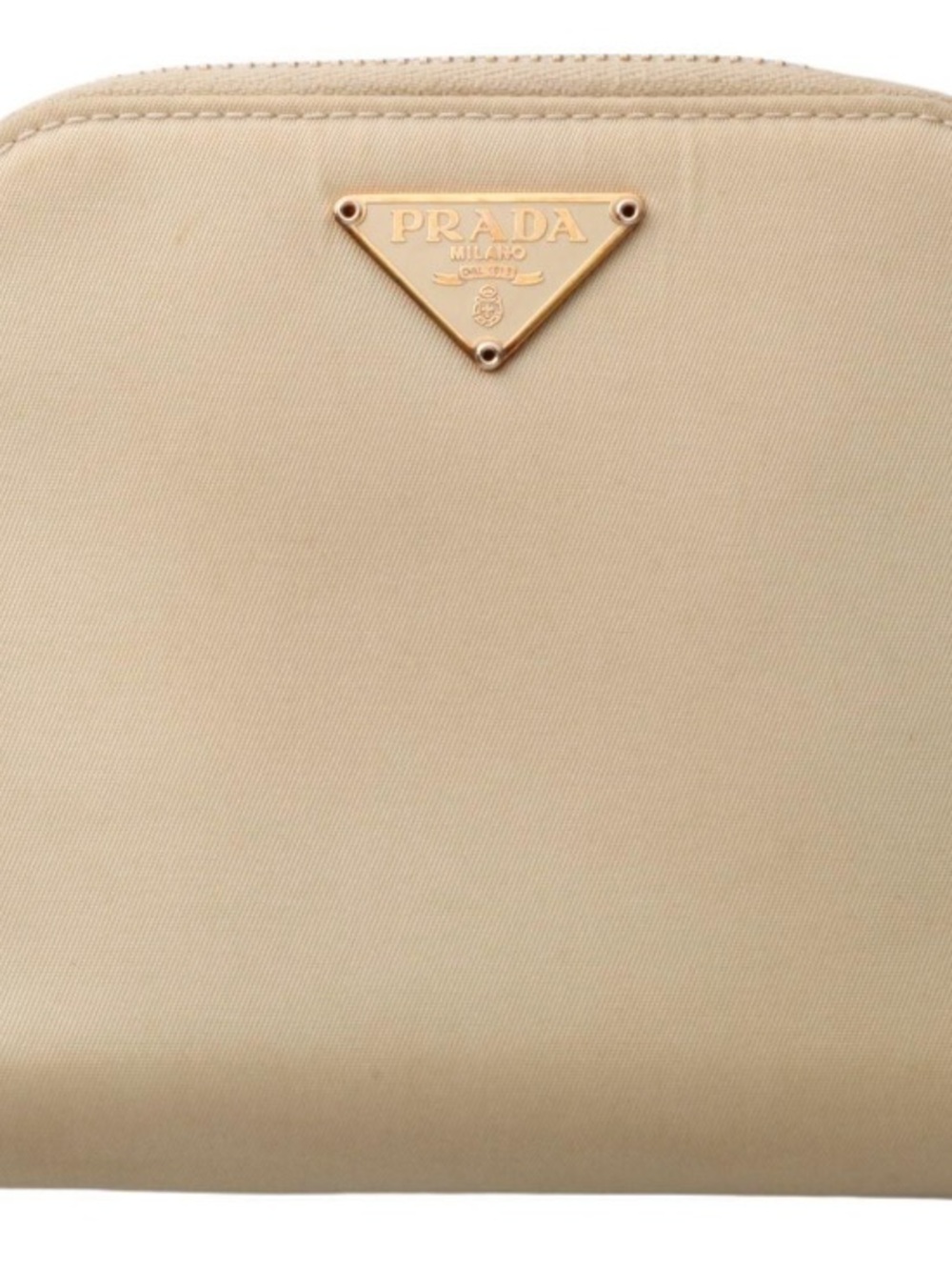 Prada Beige Nylon Cosmetic Pouch with Gold Triangle Logo